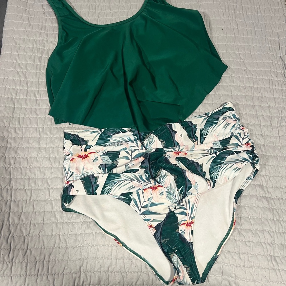 Green Floral Two Piece Swimsuit